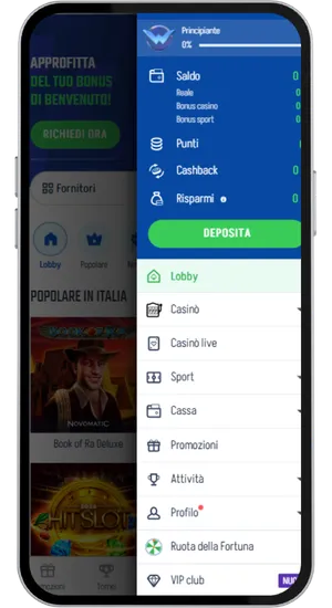 Menu di navigazione con saldo, cashback e accesso al profilo